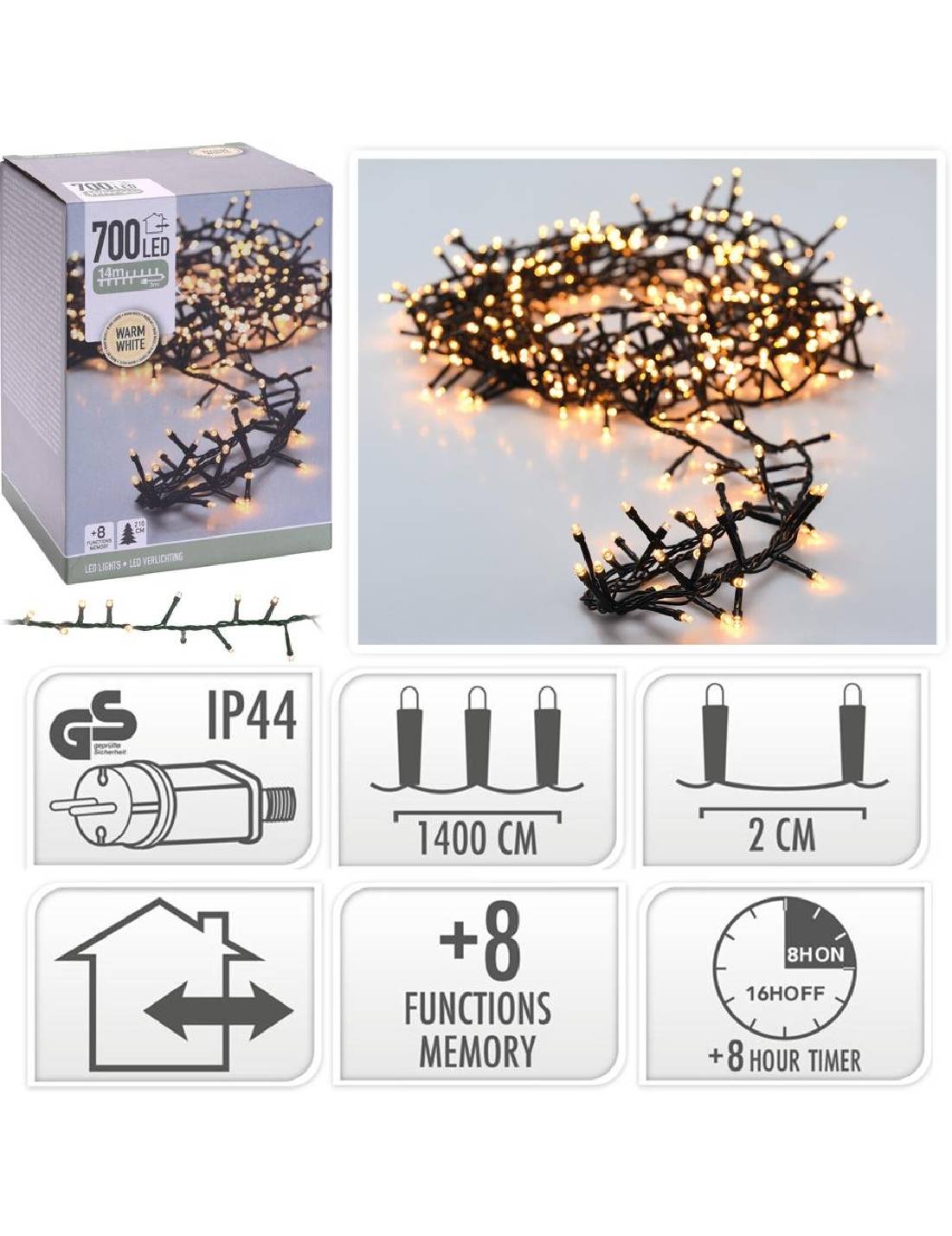 Serie Di Luci Natale Cluster Bianco Caldo 700 LED 14m