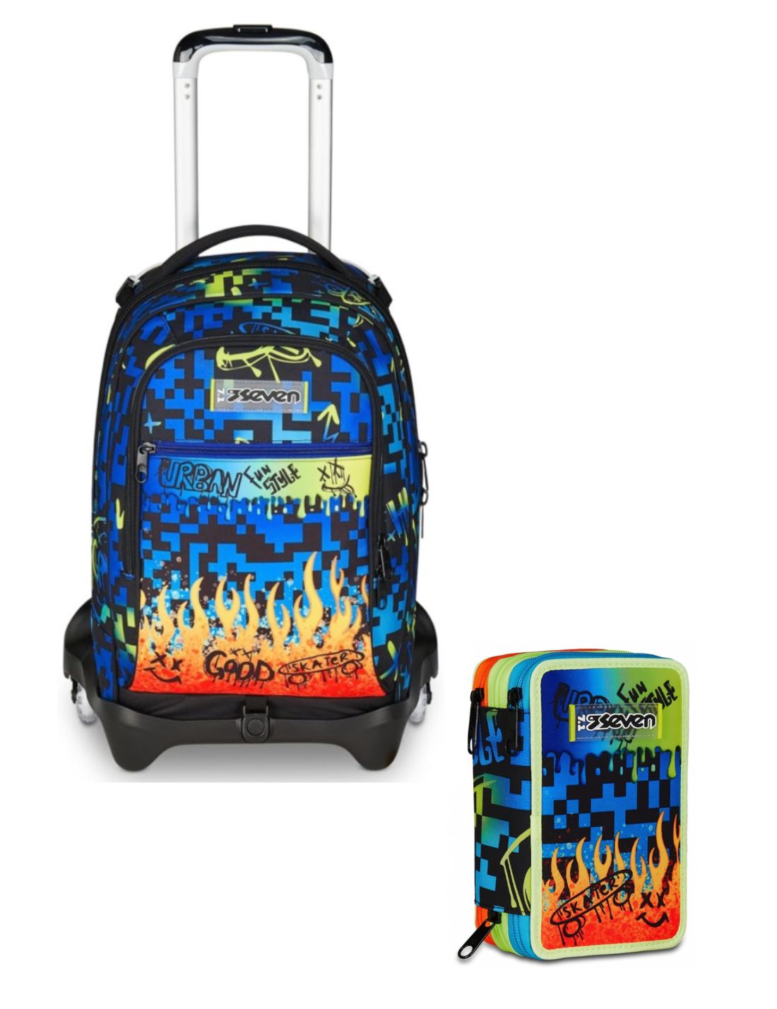 School Pack Trolley Più Astuccio Completo 3 Zip Scribbled Flame