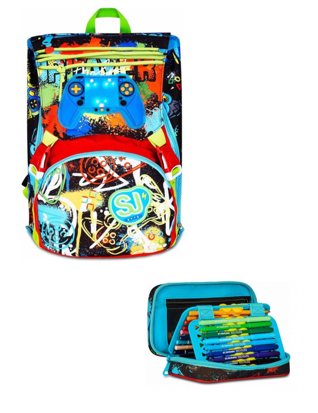 School Pack Zaino Sdoppiabile Più Astuccio Completo 3 Zip Game Led Boy