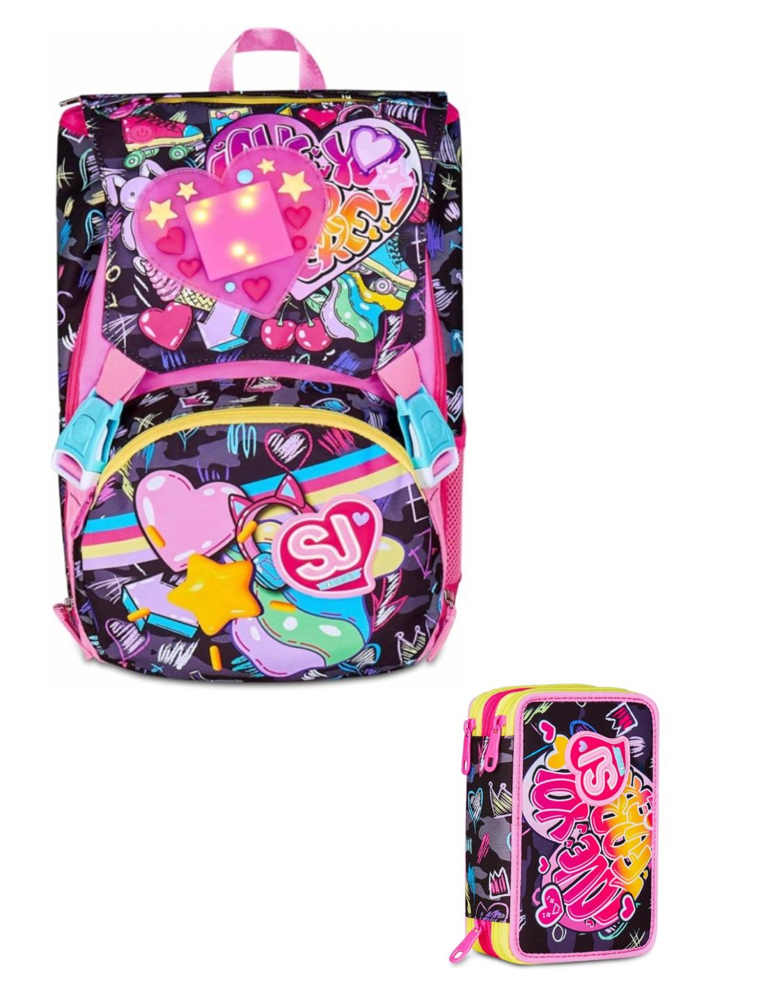 School Pack Zaino Sdoppiabile Più Astuccio Completo 3 Zip Game Led Girl