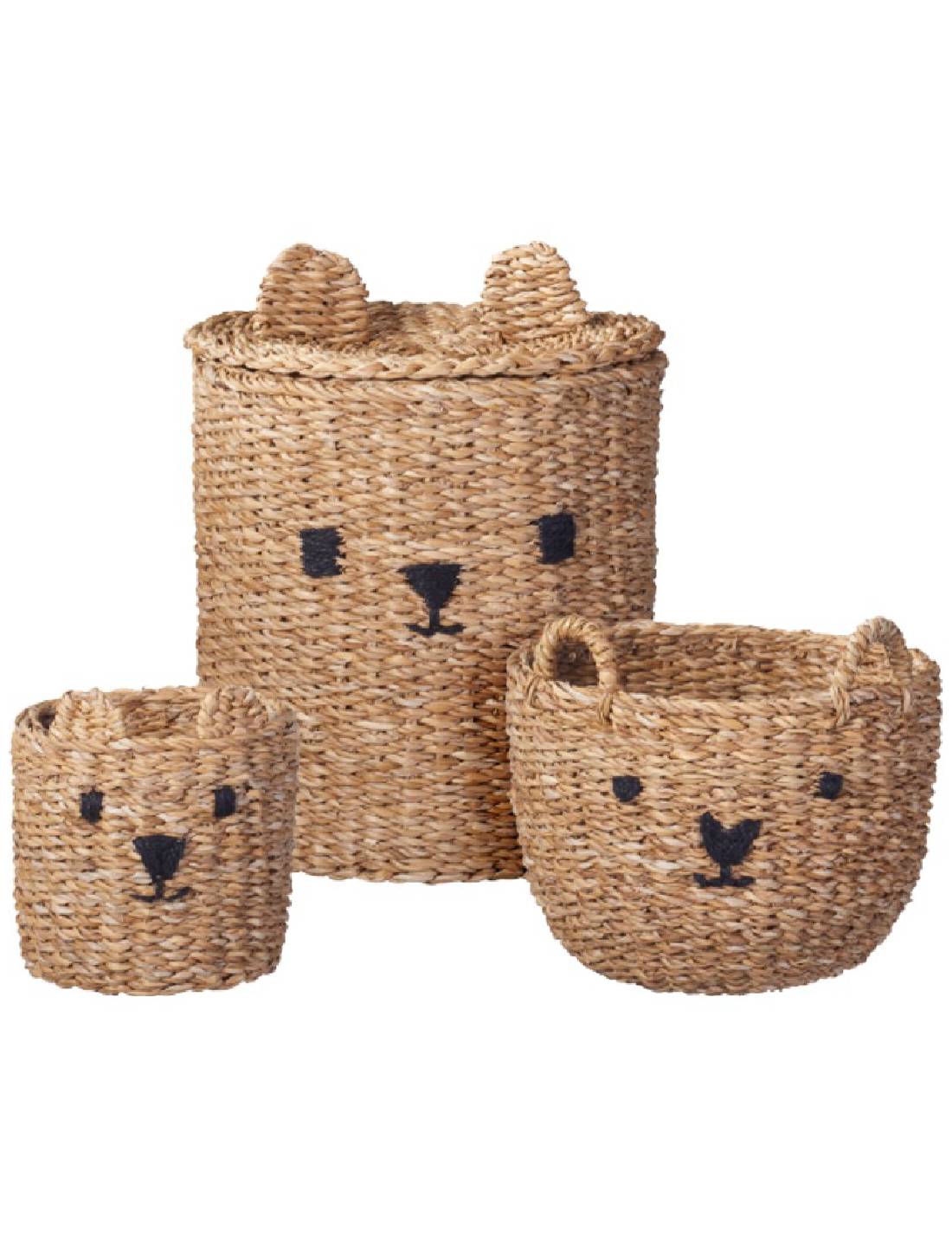 Set 3 Cestini Portaoggetti In Vimini Naturale Orsetto