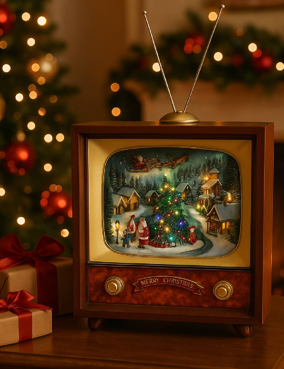 Carillon Natalizio Televisore TV Vintage Con Villaggio E Luci 56 cm