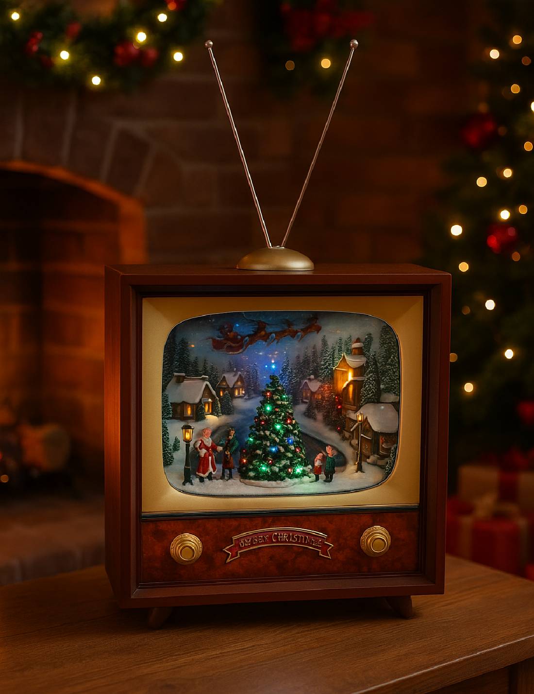 Carillon Natalizio Televisore TV Vintage Con Villaggio E Luci 56 cm