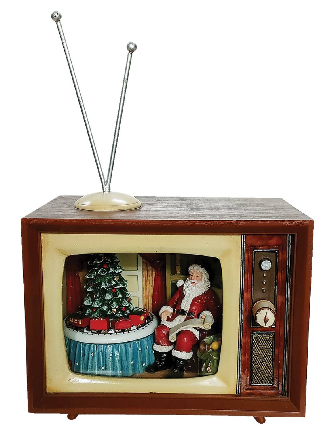 Carillon Natalizio Televisore TV Vintage Con Babbo Natale E Albero 23cm
