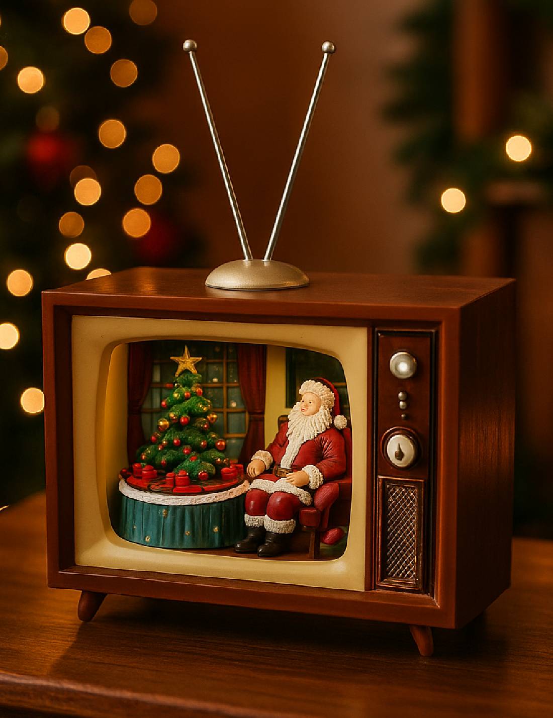 Carillon Natalizio Televisore TV Vintage Con Babbo Natale E Albero 23cm