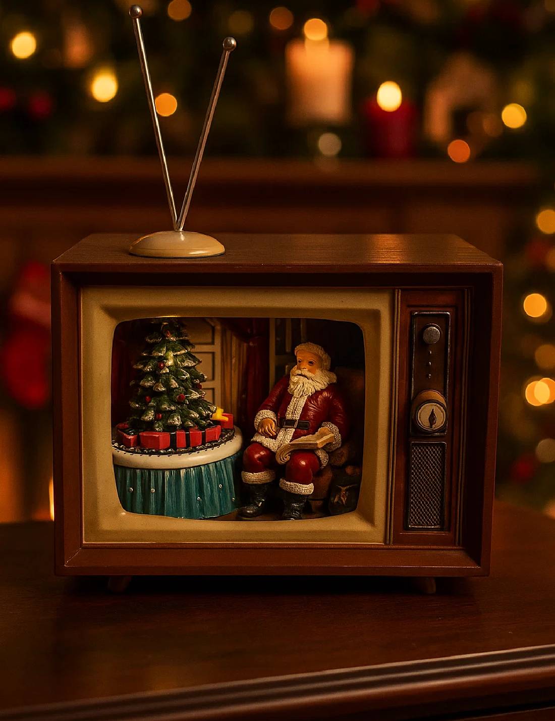 Carillon Natalizio Televisore TV Vintage Con Babbo Natale E Albero 23cm
