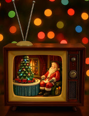 Carillon Natalizio Televisore TV Vintage Con Babbo Natale E Albero 23cm