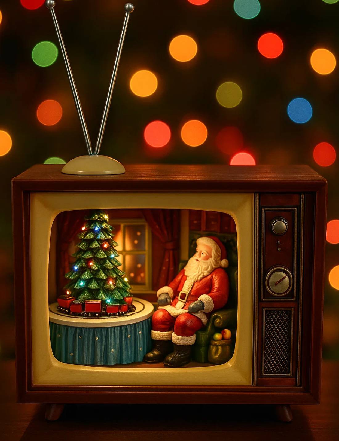 Carillon Natalizio Televisore TV Vintage Con Babbo Natale E Albero 23cm