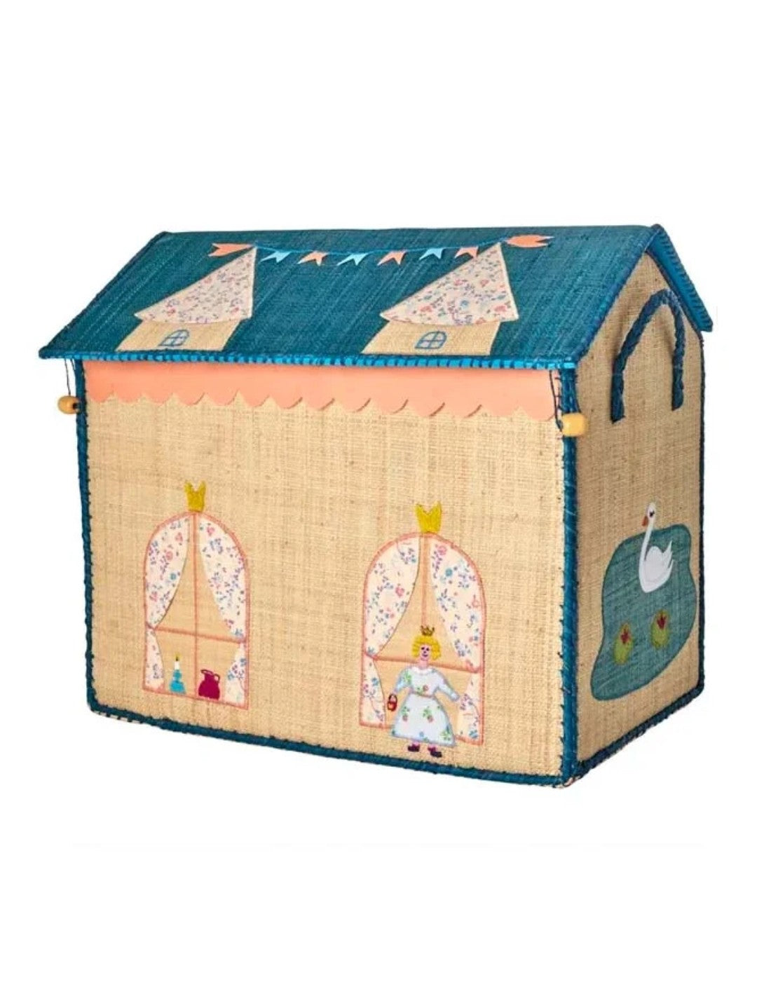 Rice Cesta Rafia Casetta Contenitore Per Giochi Tema Castello Blu 45cm