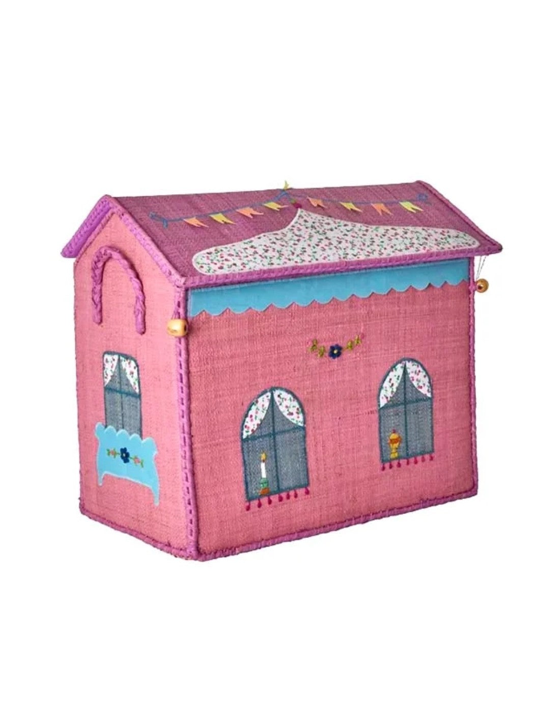 Rice Cesta Rafia Casetta Contenitore Per Giochi Tema Castello Rosa 37cm