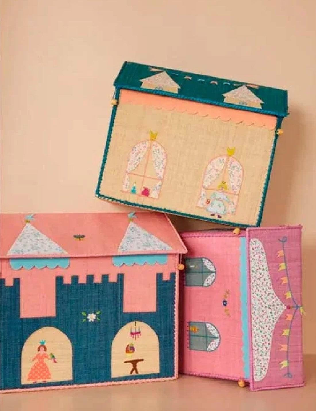 Rice Cesta Rafia Casetta Contenitore Per Giochi Tema Castello Rosa 37cm