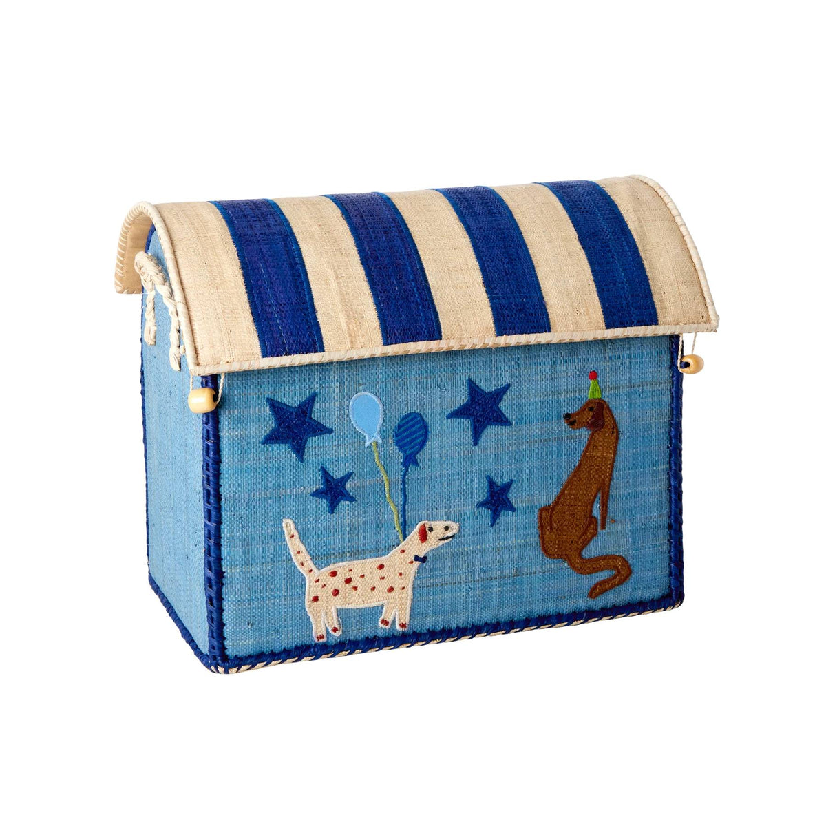 Rice Cesta Rafia Casetta Contenitore Per Giochi Tema Cani Blu 47cm