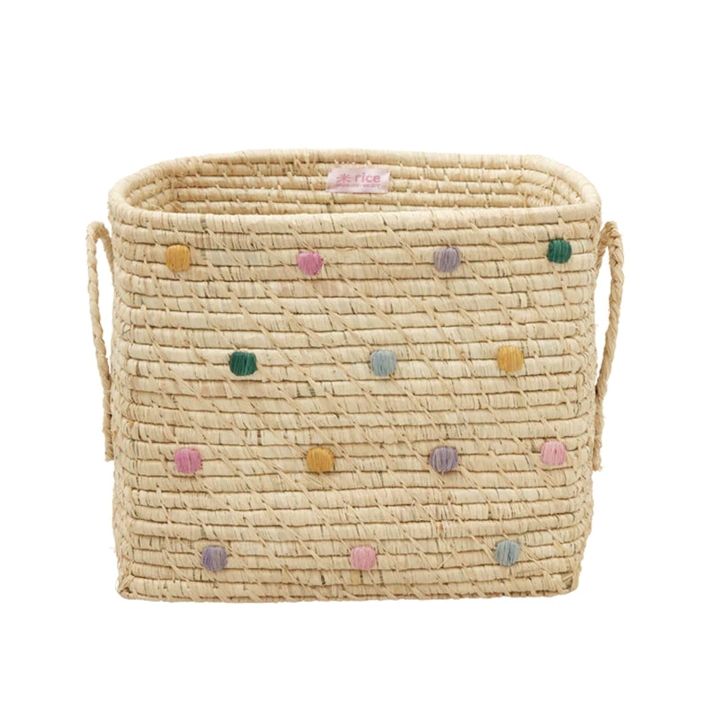 Rice Cesta Quadrata Rafia Con Manici Pois Colorati 30cm