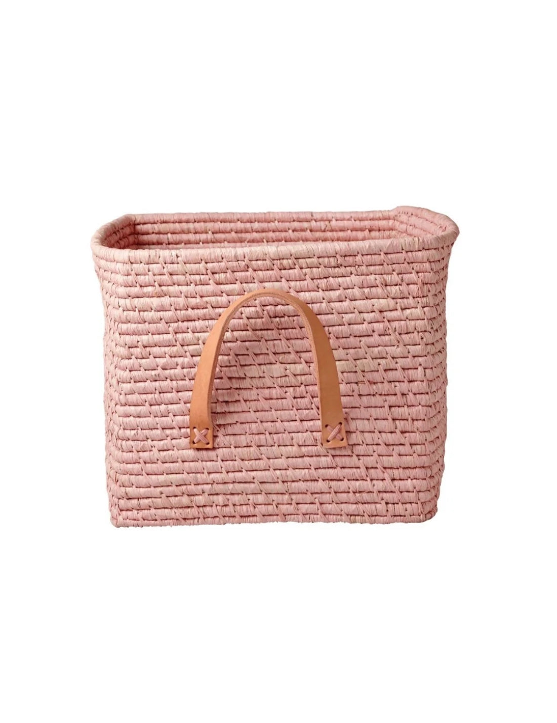 Rice Cesta Quadrata Rafia Con Manici In Pelle Rosa Chiaro 30cm