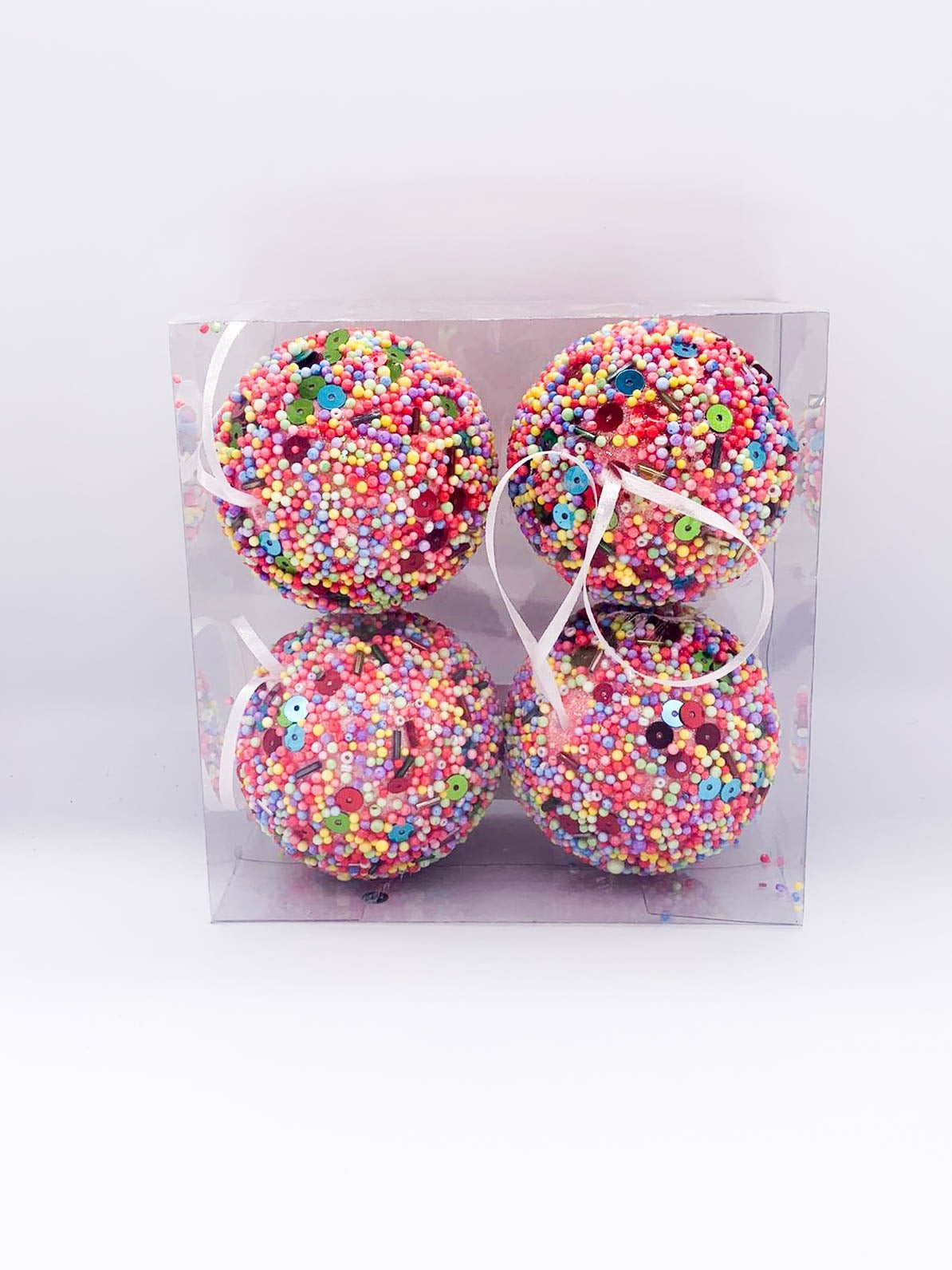 Palline Albero Di Natale In Plastica Decorata Con Canditi E Payette 6cm 4Pz.