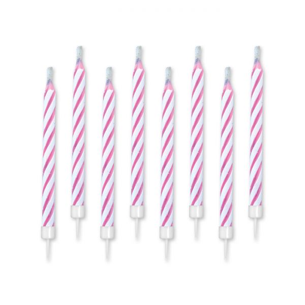Candeline Magiche Di Compleanno In Cera A Righe Bianche E Rosa 10pz.