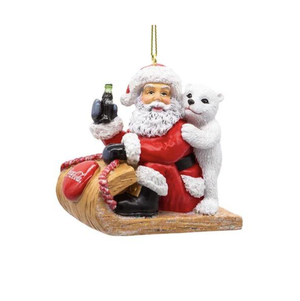 Addobbo Albero Di Natale Babbo Natale Con Coca-Cola E Orsetto Polare Su Slittino In Resina