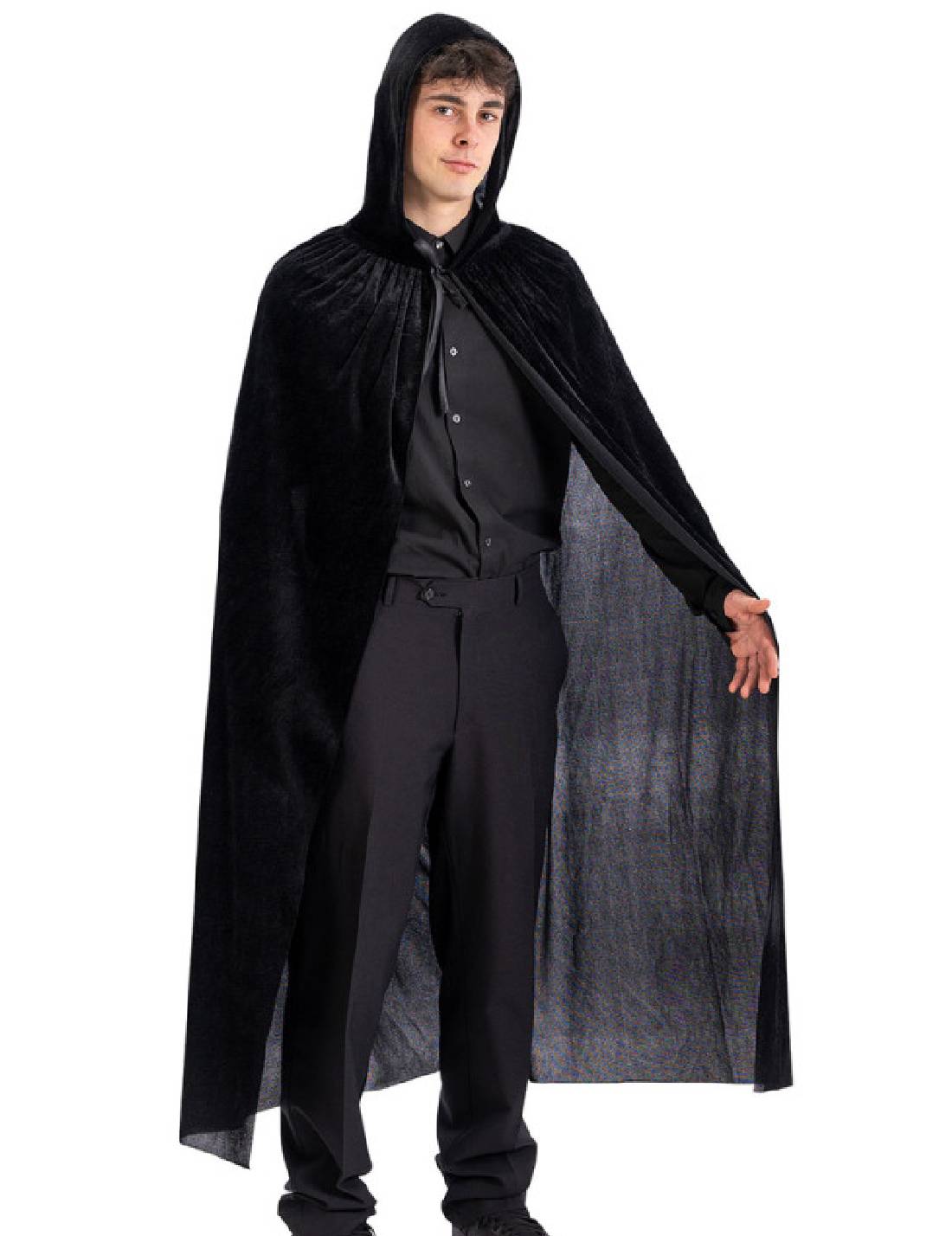 Mantello Halloween In Velluto Nero Con Cappuccio 130cm