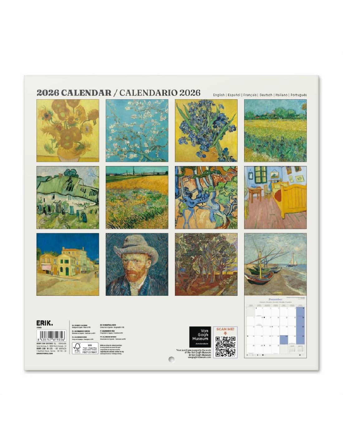 Calendario Da Muro 2026 Vincent Van Gogh 30cm