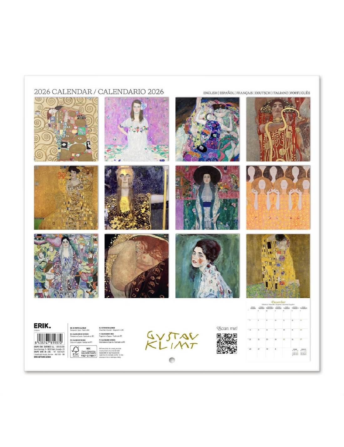 Calendario Da Muro 2026 Gustav Klimt 30cm