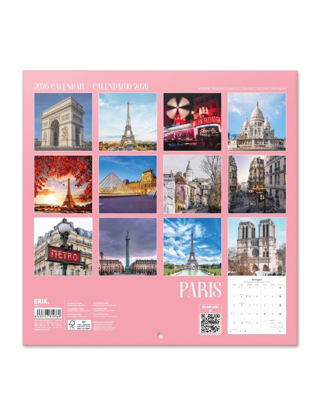 Calendario Da Muro 2026 Parigi 30cm