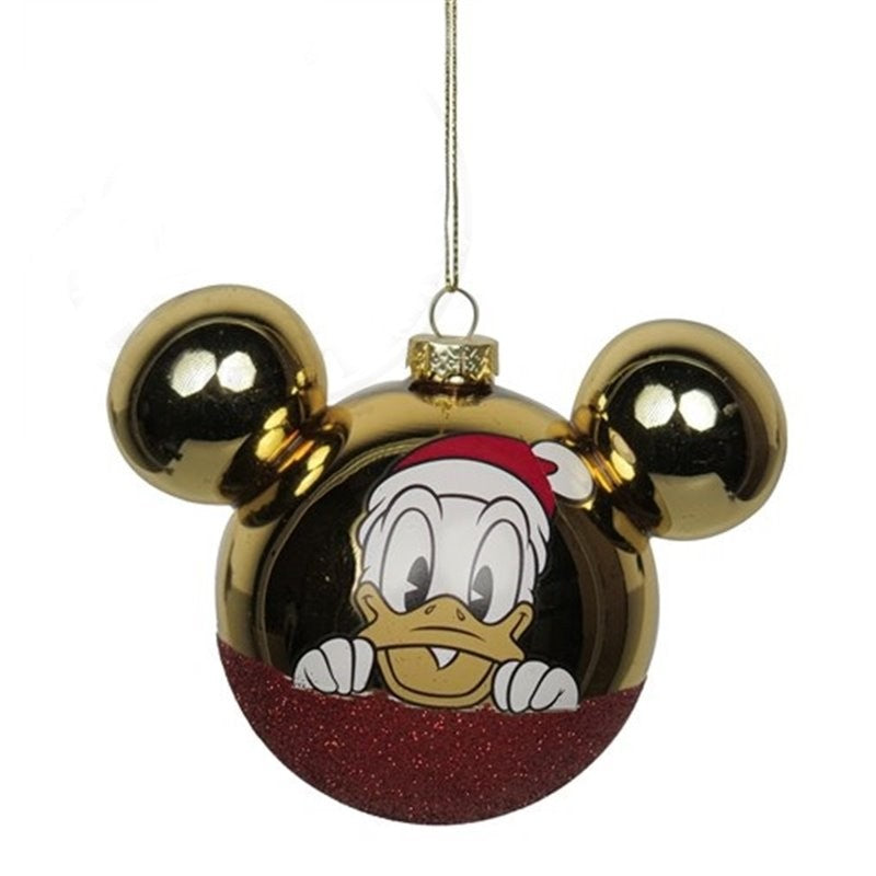 Pallina Albero Di Natale In Vetro Di Paperino Oro E Rossa Con Orecchie 10cm Disney