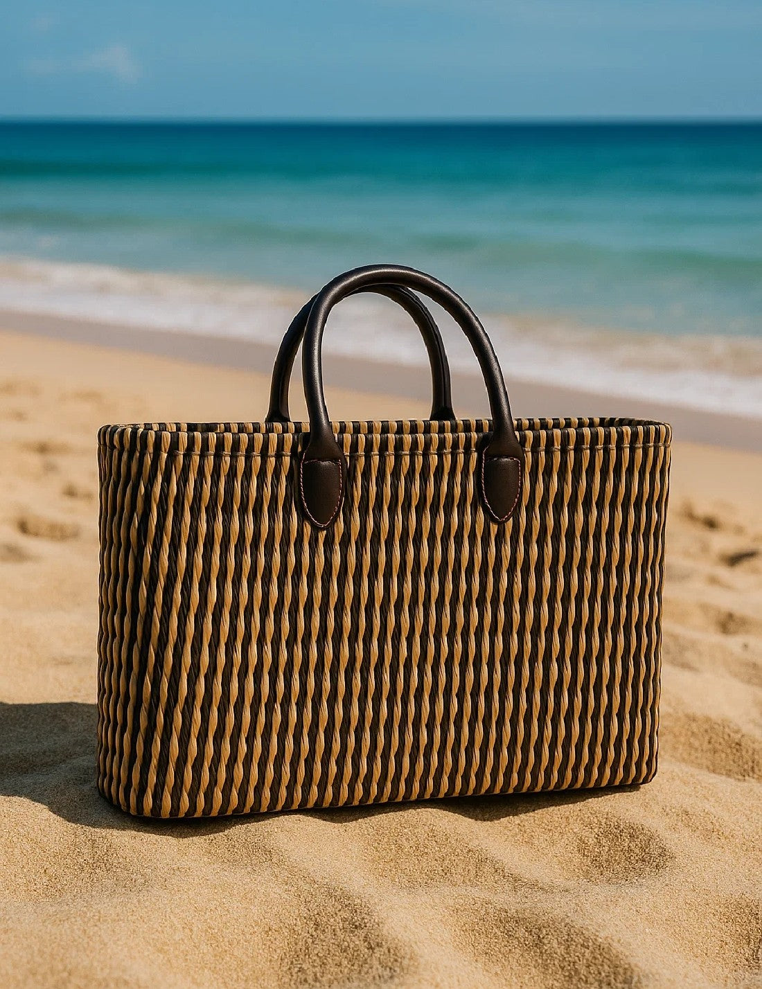 Borsa In Rattan Artigianale Intrecciata A Mano Blu 38cm