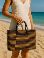 Borsa In Rattan Artigianale Intrecciata A Mano Blu 38cm