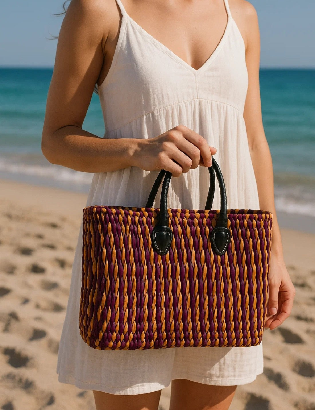 Borsa In Rattan Artigianale Intrecciata A Mano Fucsia 38cm