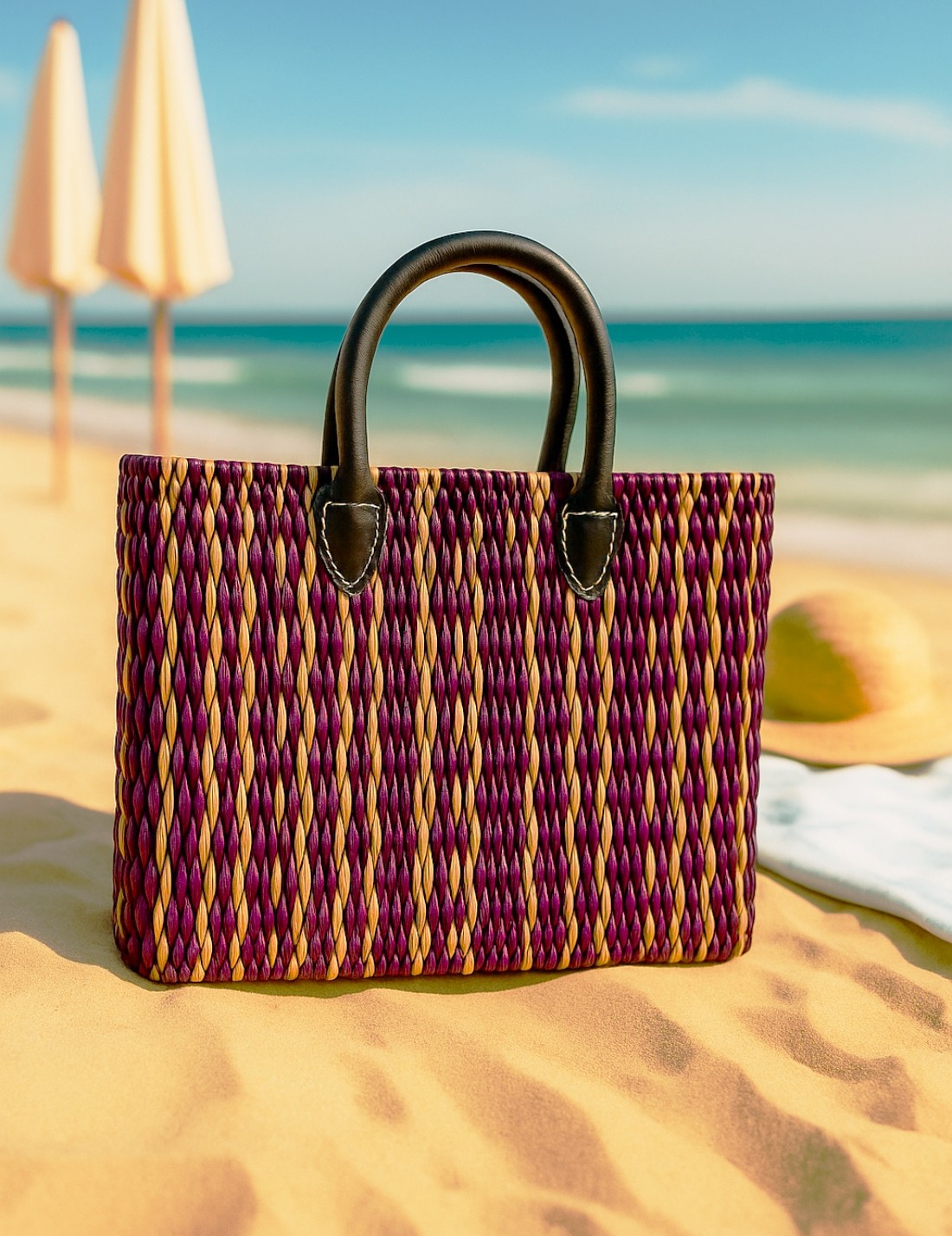 Borsa In Rattan Artigianale Intrecciata A Mano Fucsia 38cm