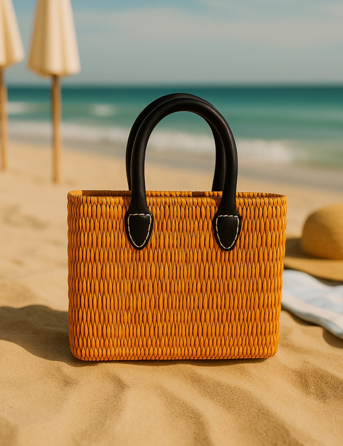 Borsa In Rattan Artigianale Intrecciata A Mano Arancione 38cm