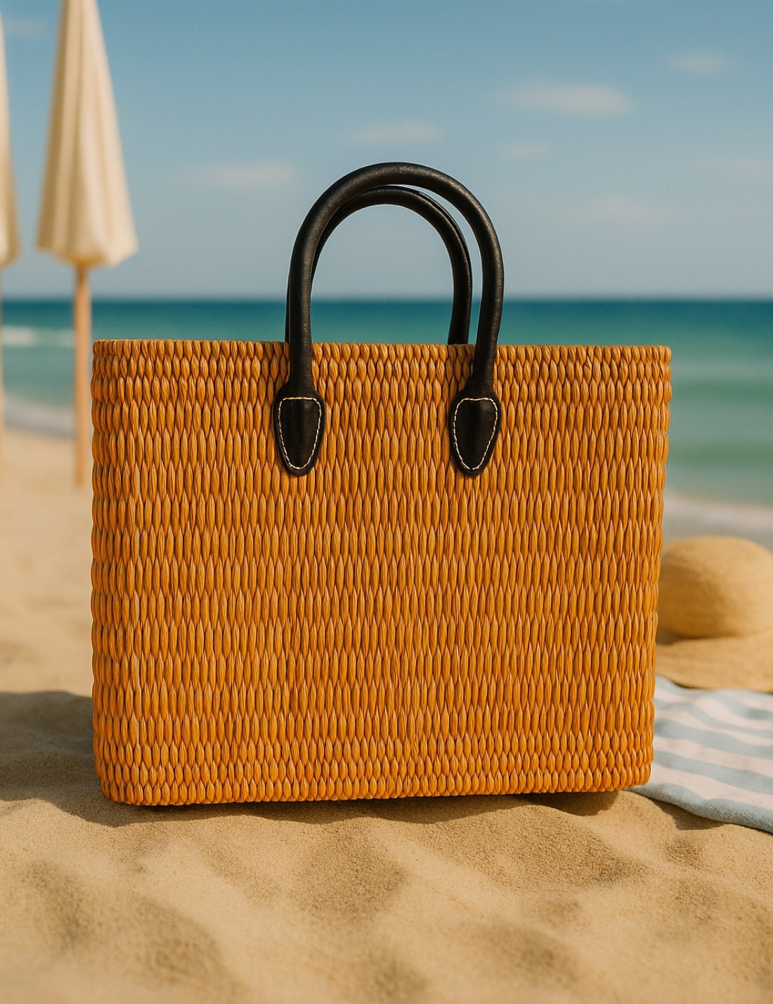 Borsa In Rattan Artigianale Intrecciata A Mano Arancione 43cm