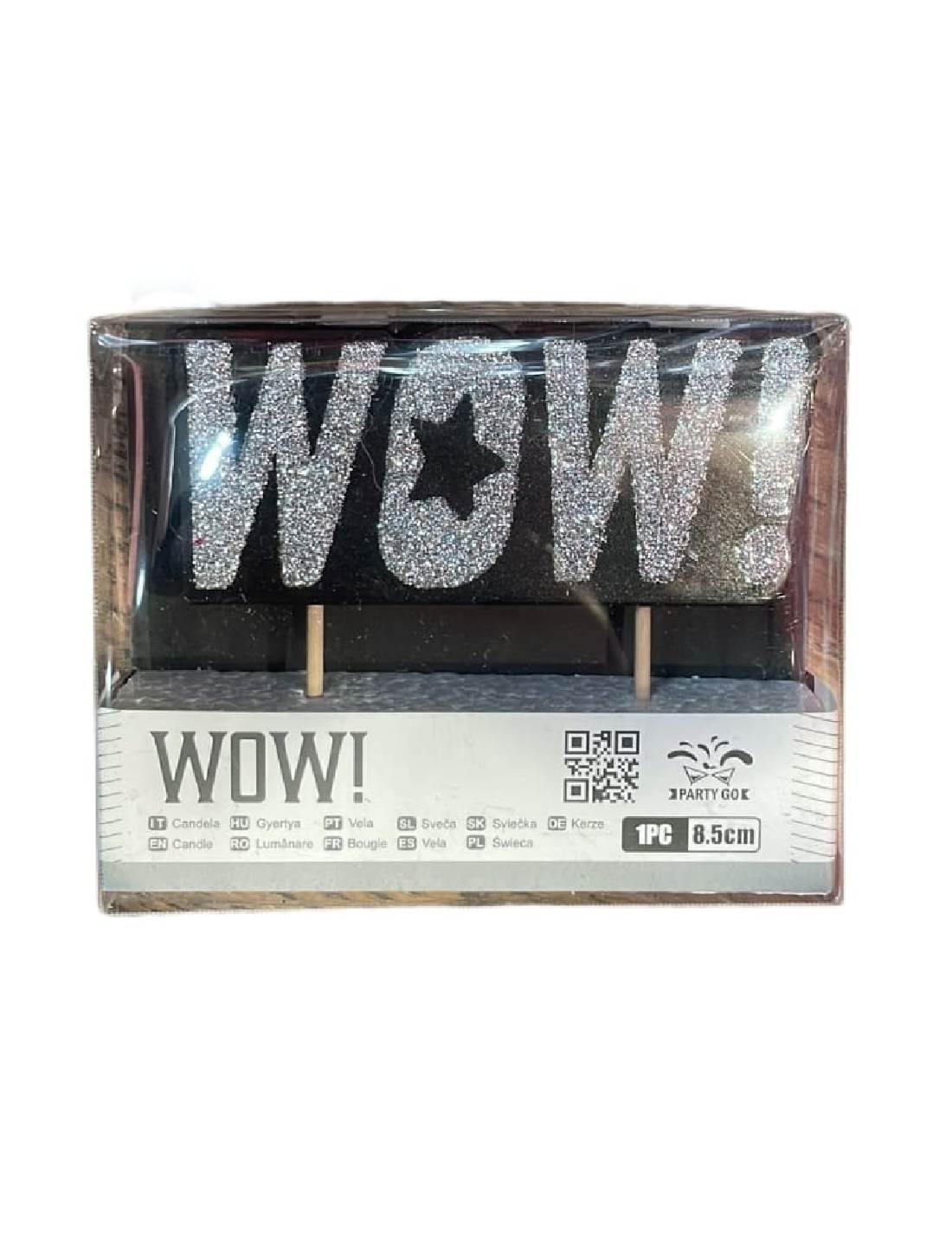 Candelina In Cera Scritta WOW Glitter Argento 9cm