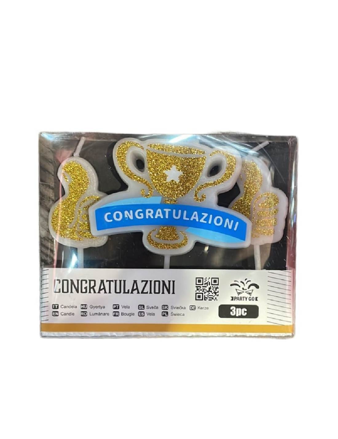 Candelina Celebrativa In Cera Trofeo Dorato Glitter