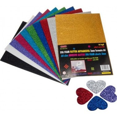 Eva Foam Glitter Autoadesiva 2mm A4 10 Fogli Colori Assortiti