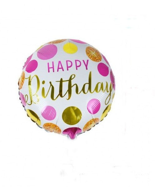 Palloncino Metalfoil Happy Birthday Pois Fuxia E Oro 18" 46cm