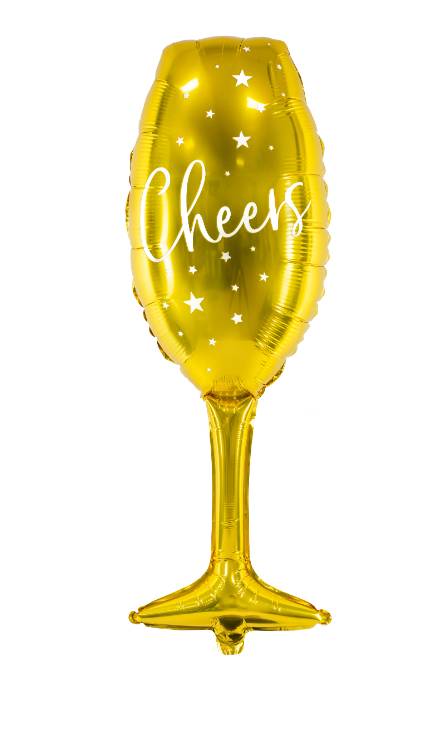 Palloncino In Lamina Metallica Vetro Oro Con Scritta Bianca ''Cheers'' 28x80cm