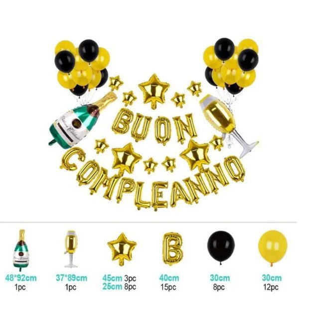 Set Composizione Palloncini Buon Compleanno Oro 47pz