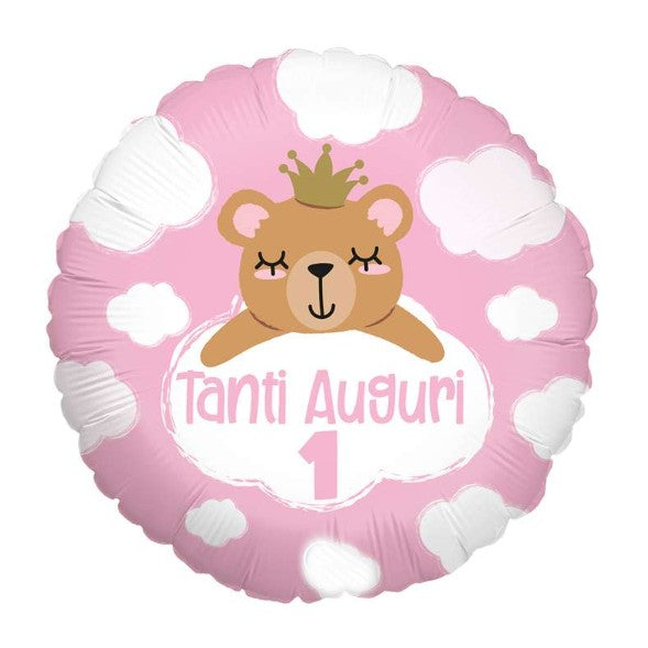 Palloncino Metalfoil Rosa Primo Compleanno Orso 18" 46cm