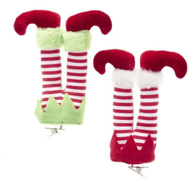Addobbo Albero Di Natale Gambe Di Elfo Con Pantalone Biaco E Rosso E Clip 16x6x2,5cm