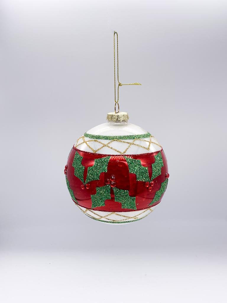 Pallina Albero Di Natale Vetro Bianca Rossa E Verde Con Glitter E Vischio