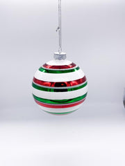 Pallina Albero Di Natale In Vetro Bianca Rossa E Verde A Strisce 10cm