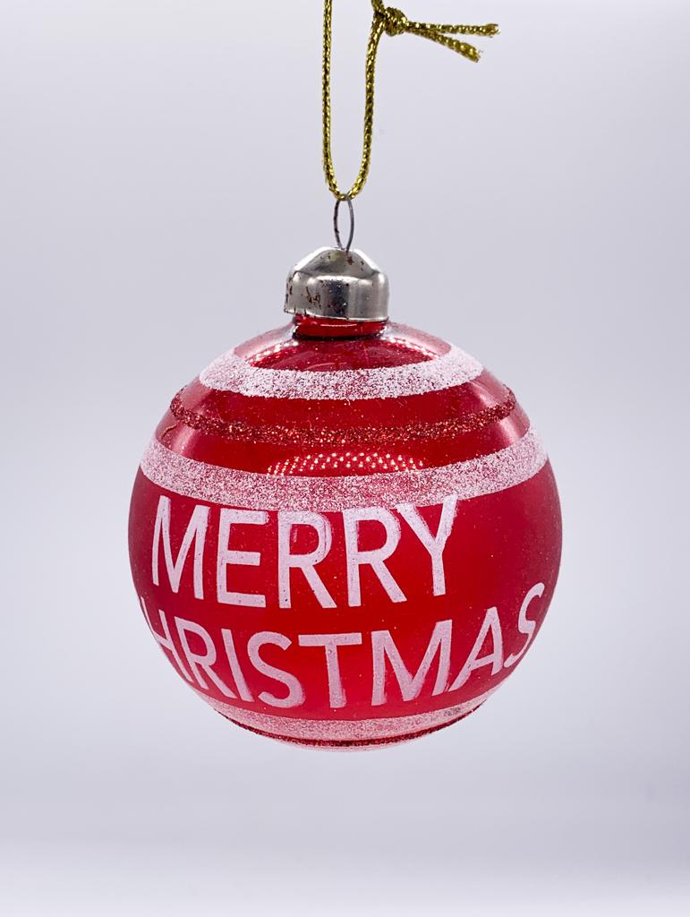 Pallina Albero Di Natale In Vetro Rosso E Bianco Merry Christmas 8cm