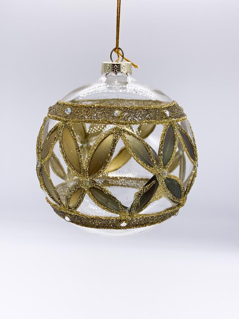 Pallina Albero Di Natale in Vetro Trasparente Con Ornamenti Oro 10cm