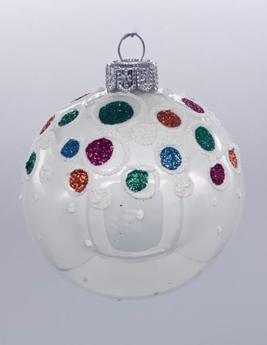Pallina Albero Di Natale in Vetro Bianca Con Glitter Colorati 8cm
