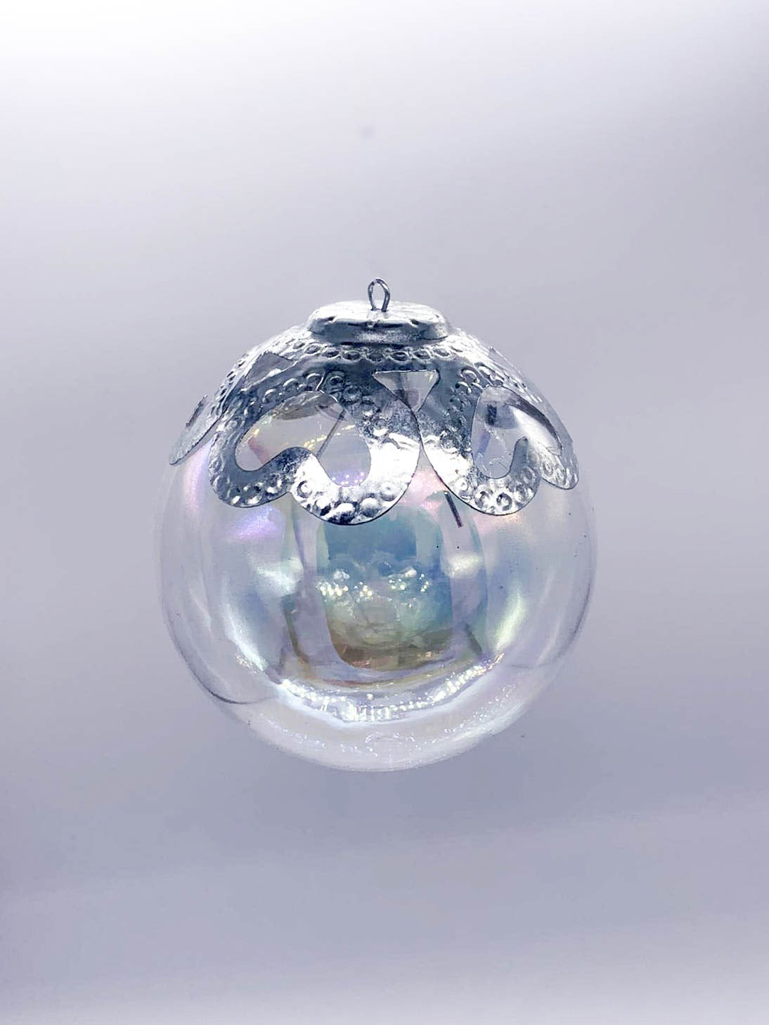 Pallina Albero Di Natale In Vetro Trasparente Con Decorazione Argento 8CM