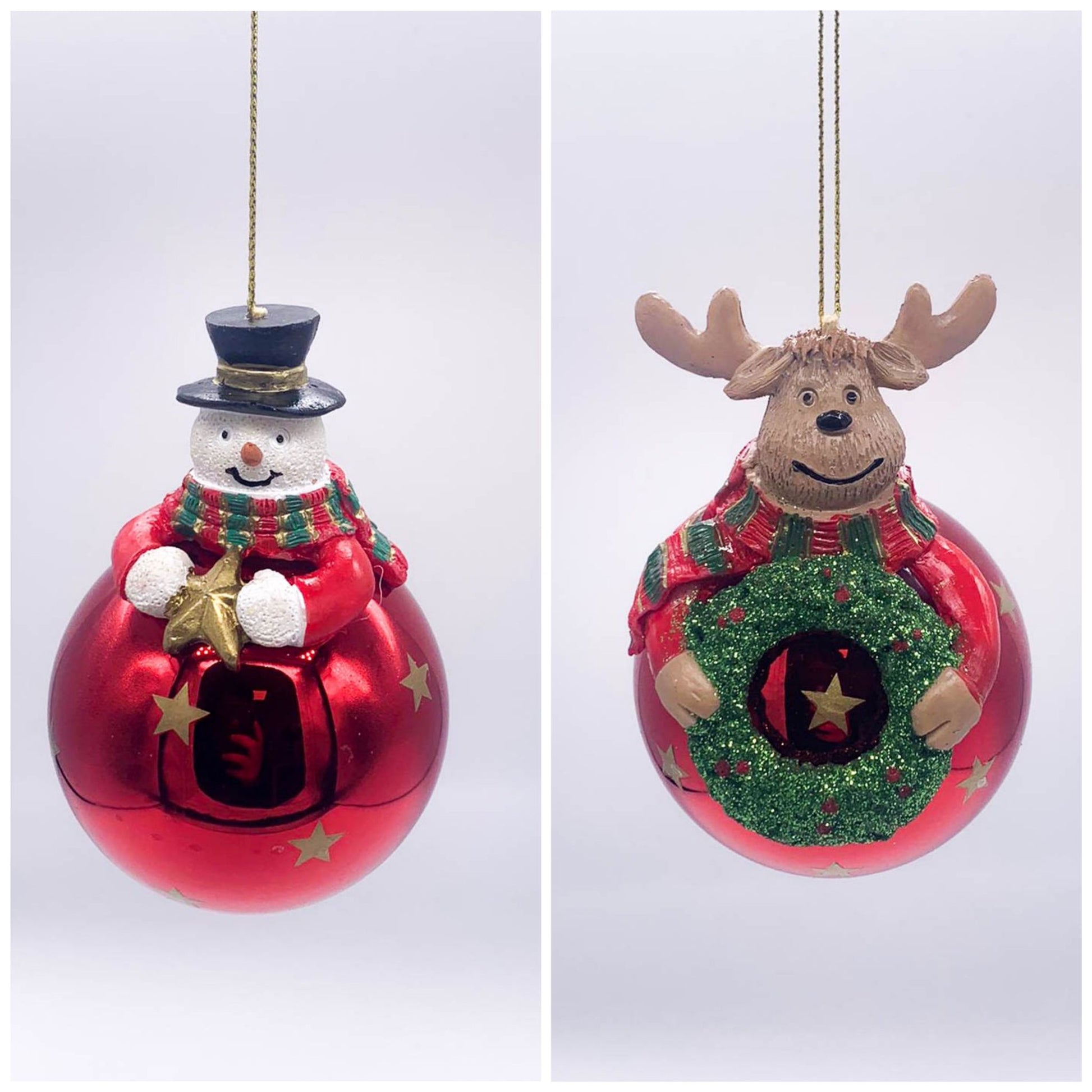 Palline Albero Di Natale In Vetro Rosso Lucido Con Figure Natalizie 6cm 2PZ