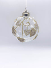 Pallina Albero Di Natale In Vetro Trasparente Con Cuori Oro E Glitter 8cm
