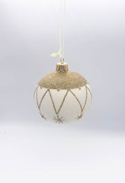 Pallina Albero Di Natale In Vetro Bianco E Oro Con Glitter 8cm
