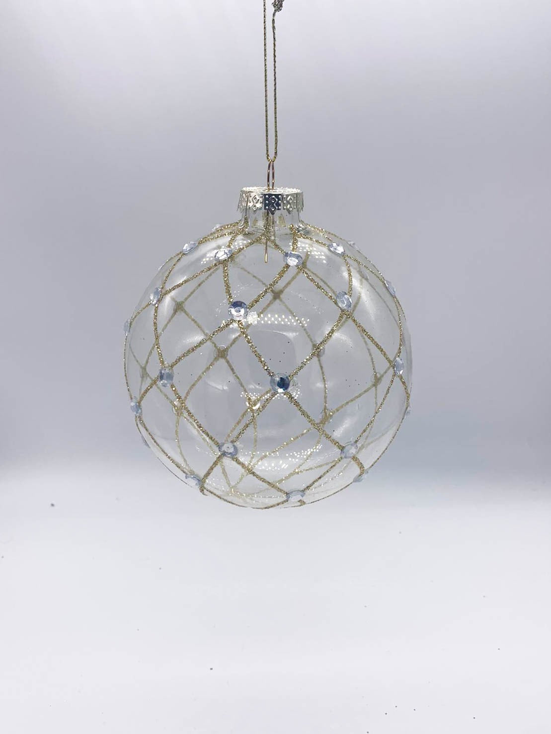 Pallina Albero Di Natale In Vetro Trasparente Con Perline E Glitter 10cm